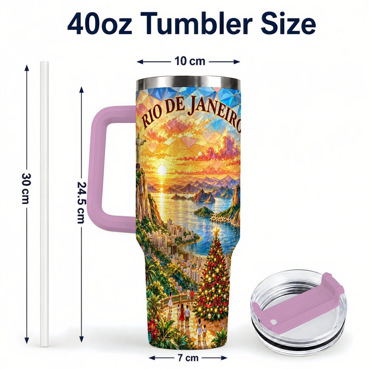 #pl[40oz|Pink] Rio Christmas 40oz Tumbler with Handle, Tropical Holiday Art