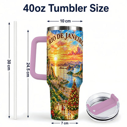 #pl[40oz|Pink] Rio Christmas 40oz Tumbler with Handle, Tropical Holiday Art