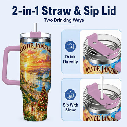 #pl[40oz|Pink] Rio Christmas 40oz Tumbler with Handle, Tropical Holiday Art