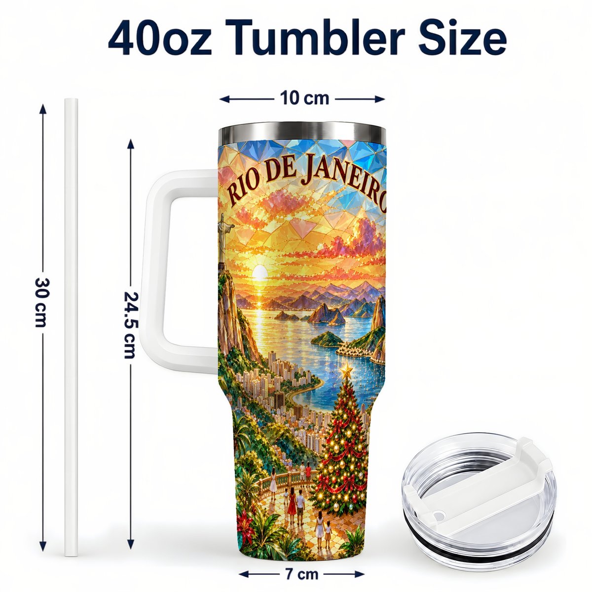 #pl[40oz|White] Rio Christmas 40oz Tumbler with Handle, Tropical Holiday Art