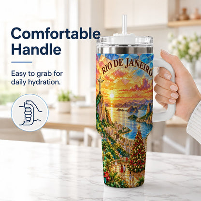 #pl[40oz|White] Rio Christmas 40oz Tumbler with Handle, Tropical Holiday Art