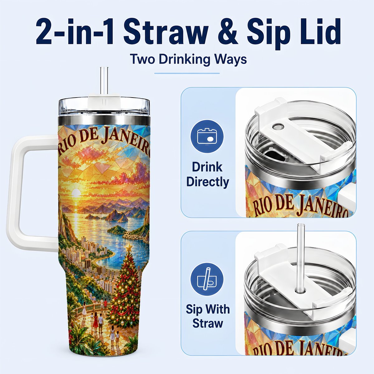 #pl[40oz|White] Rio Christmas 40oz Tumbler with Handle, Tropical Holiday Art