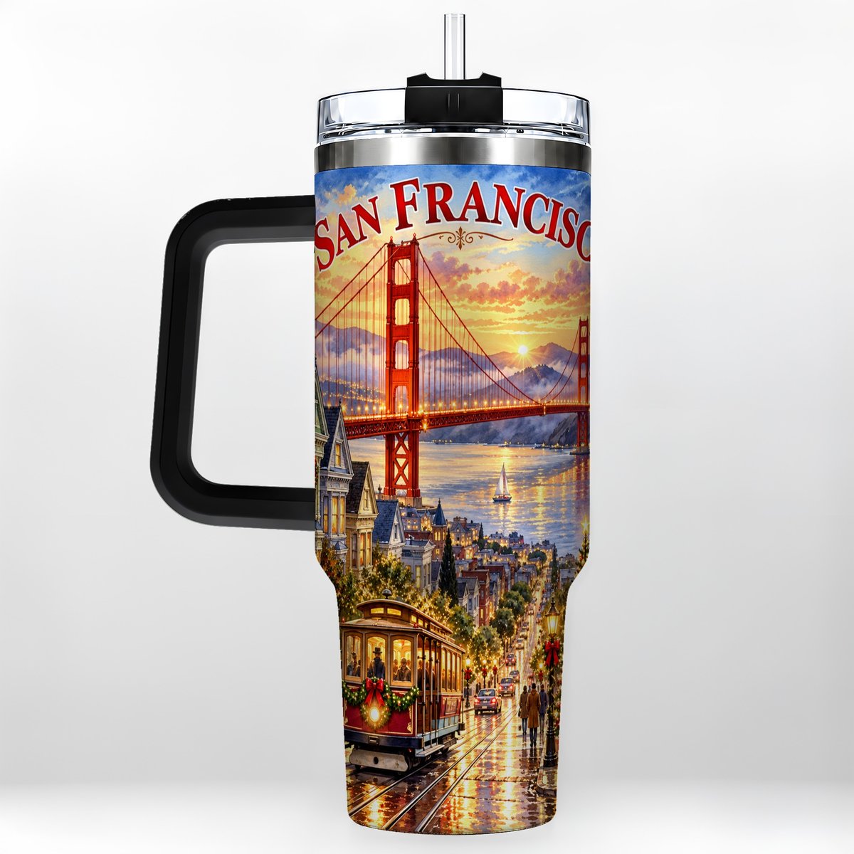 #pl[40oz|Black] San Francisco Christmas 40oz Tumbler with Handle, Coastal Skyline Art