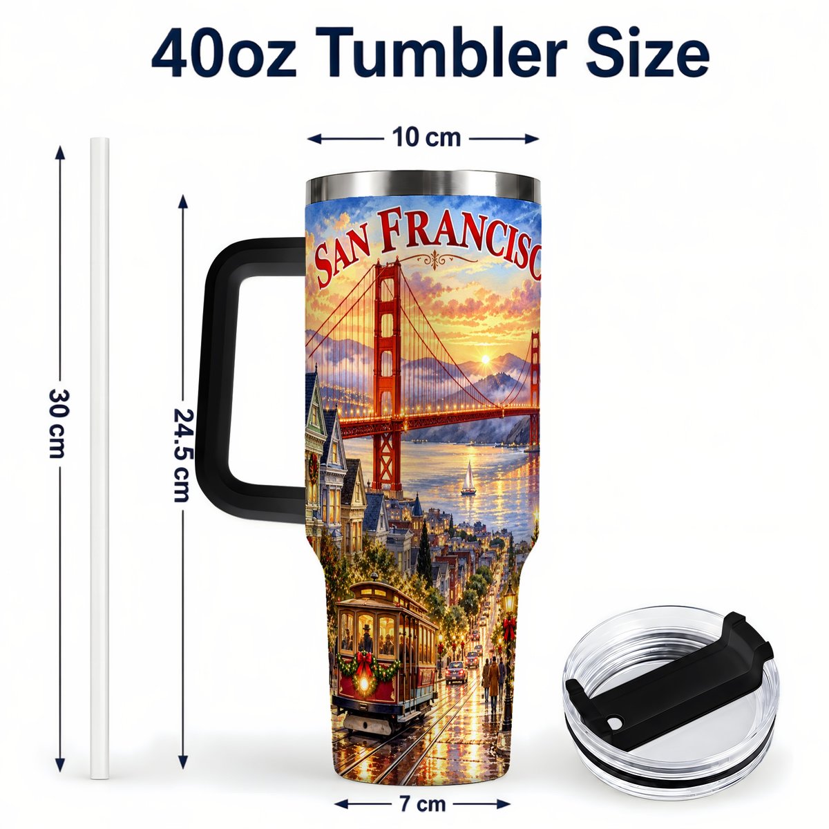 #pl[40oz|Black] San Francisco Christmas 40oz Tumbler with Handle, Coastal Skyline Art