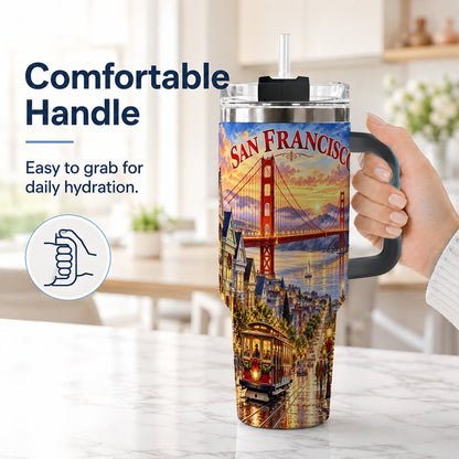 #pl[40oz|Black] San Francisco Christmas 40oz Tumbler with Handle, Coastal Skyline Art