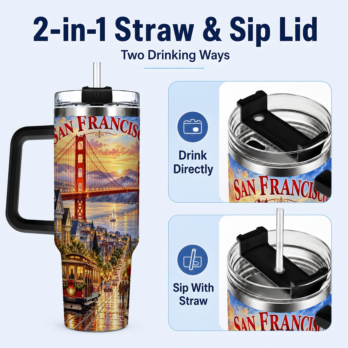 #pl[40oz|Black] San Francisco Christmas 40oz Tumbler with Handle, Coastal Skyline Art
