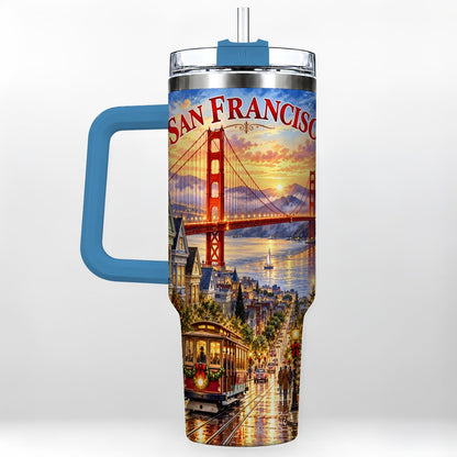 #pl[40oz|Blue] San Francisco Christmas 40oz Tumbler with Handle, Coastal Skyline Art