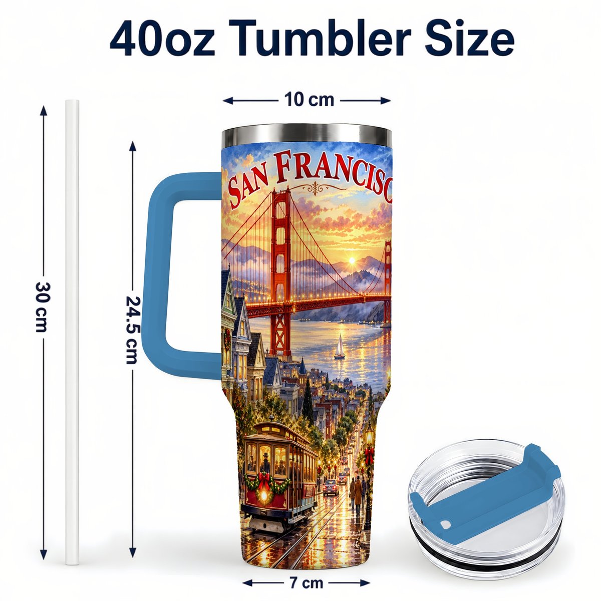 #pl[40oz|Blue] San Francisco Christmas 40oz Tumbler with Handle, Coastal Skyline Art