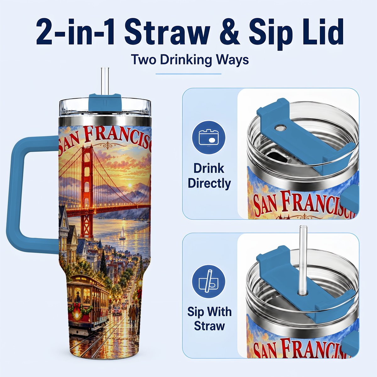 #pl[40oz|Blue] San Francisco Christmas 40oz Tumbler with Handle, Coastal Skyline Art