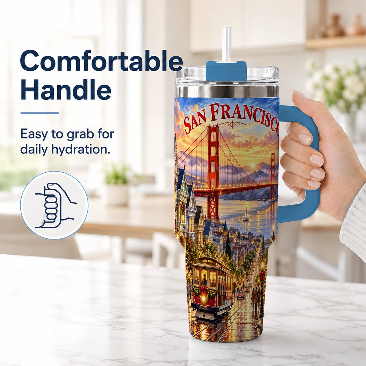 #pl[40oz|Blue] San Francisco Christmas 40oz Tumbler with Handle, Coastal Skyline Art