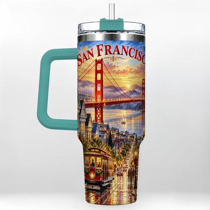 #pl[40oz|Green] San Francisco Christmas 40oz Tumbler with Handle, Coastal Skyline Art