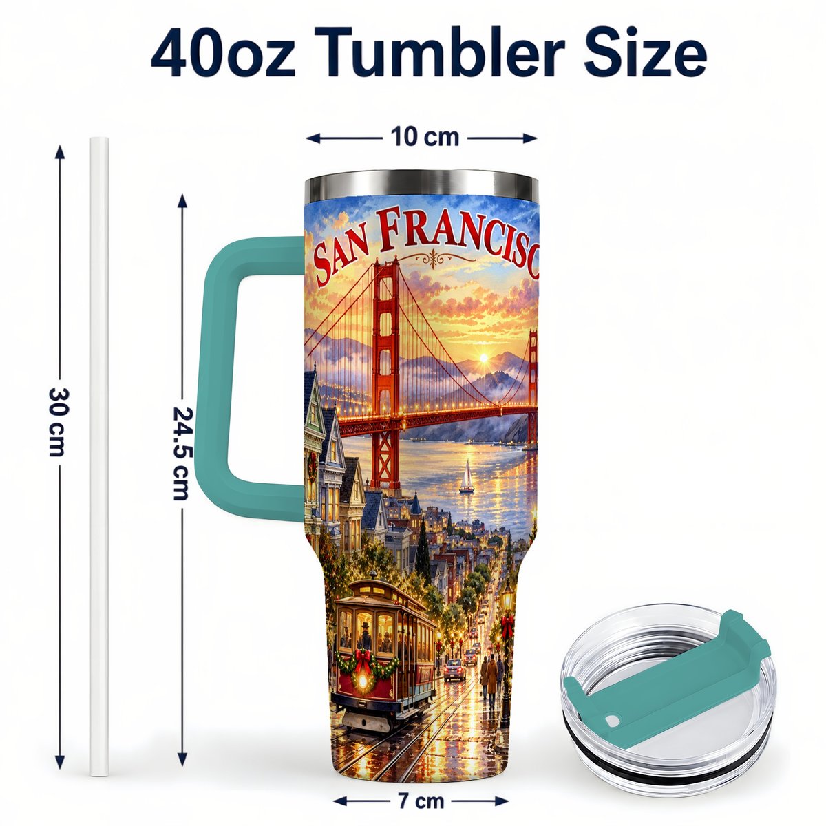 #pl[40oz|Green] San Francisco Christmas 40oz Tumbler with Handle, Coastal Skyline Art