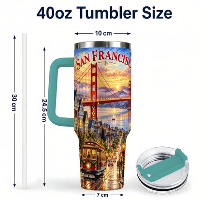 #pl[40oz|Green] San Francisco Christmas 40oz Tumbler with Handle, Coastal Skyline Art