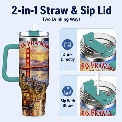#pl[40oz|Green] San Francisco Christmas 40oz Tumbler with Handle, Coastal Skyline Art