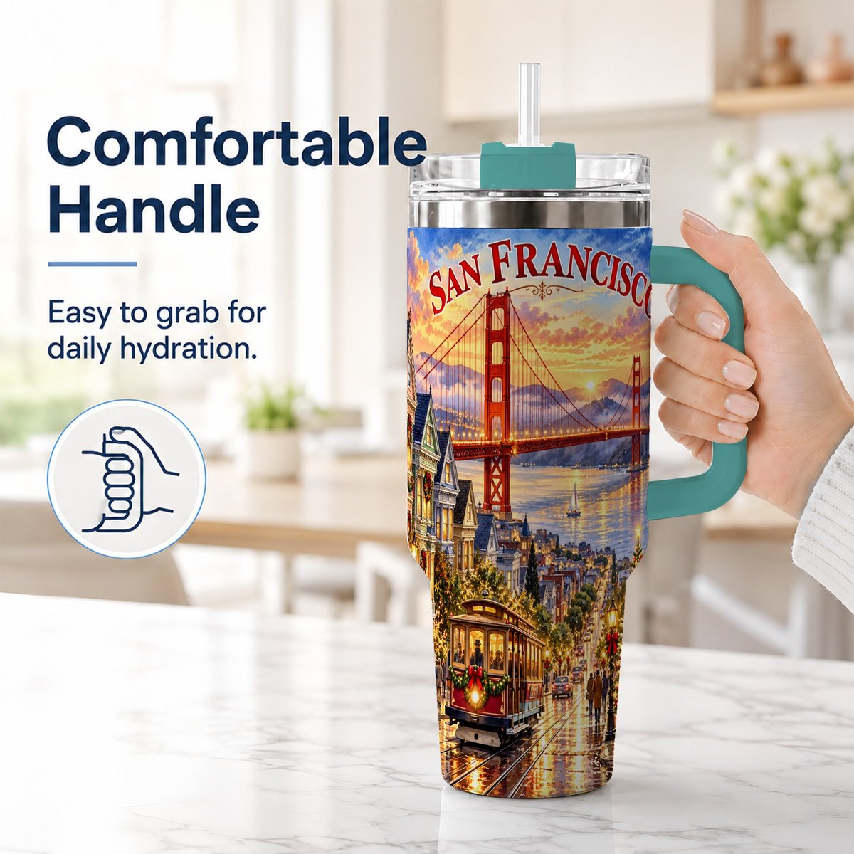 #pl[40oz|Green] San Francisco Christmas 40oz Tumbler with Handle, Coastal Skyline Art