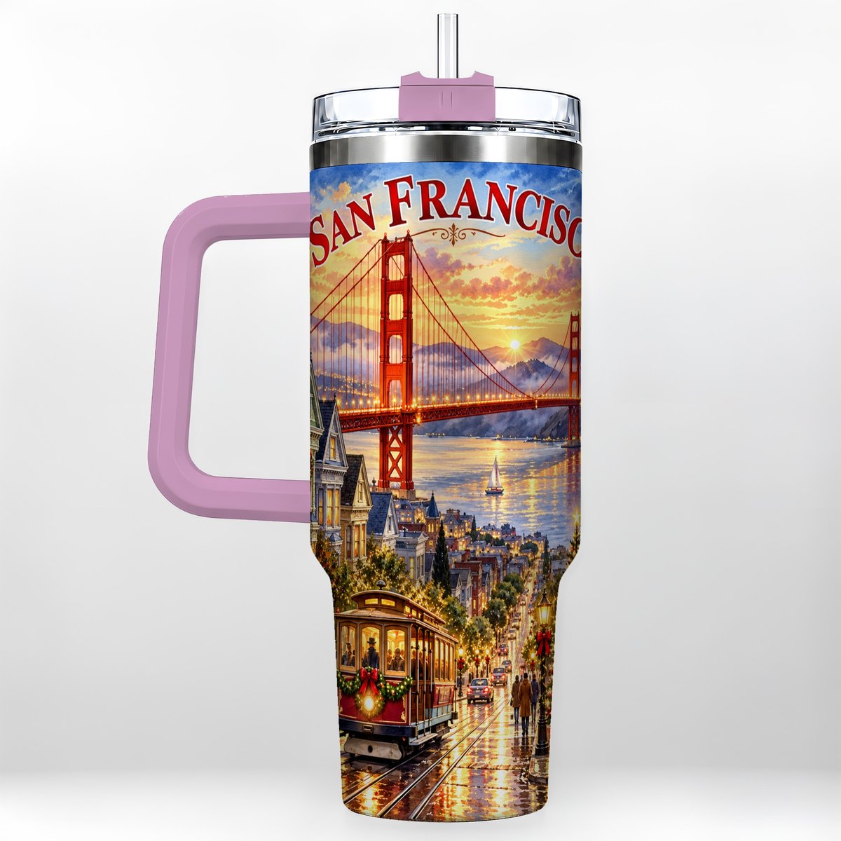 #pl[40oz|Pink] San Francisco Christmas 40oz Tumbler with Handle, Coastal Skyline Art