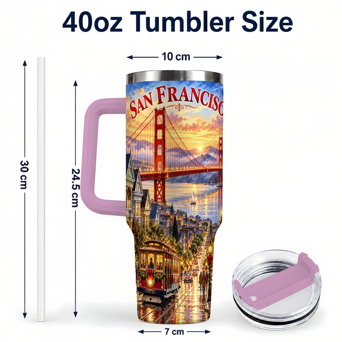 #pl[40oz|Pink] San Francisco Christmas 40oz Tumbler with Handle, Coastal Skyline Art