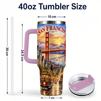 #pl[40oz|Pink] San Francisco Christmas 40oz Tumbler with Handle, Coastal Skyline Art