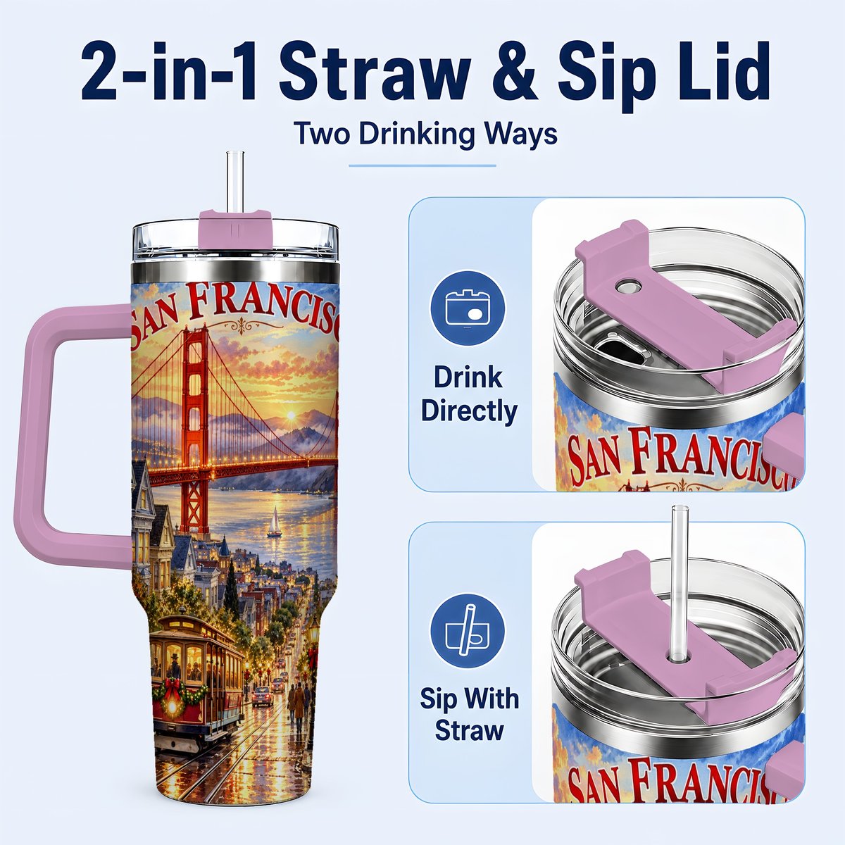 #pl[40oz|Pink] San Francisco Christmas 40oz Tumbler with Handle, Coastal Skyline Art