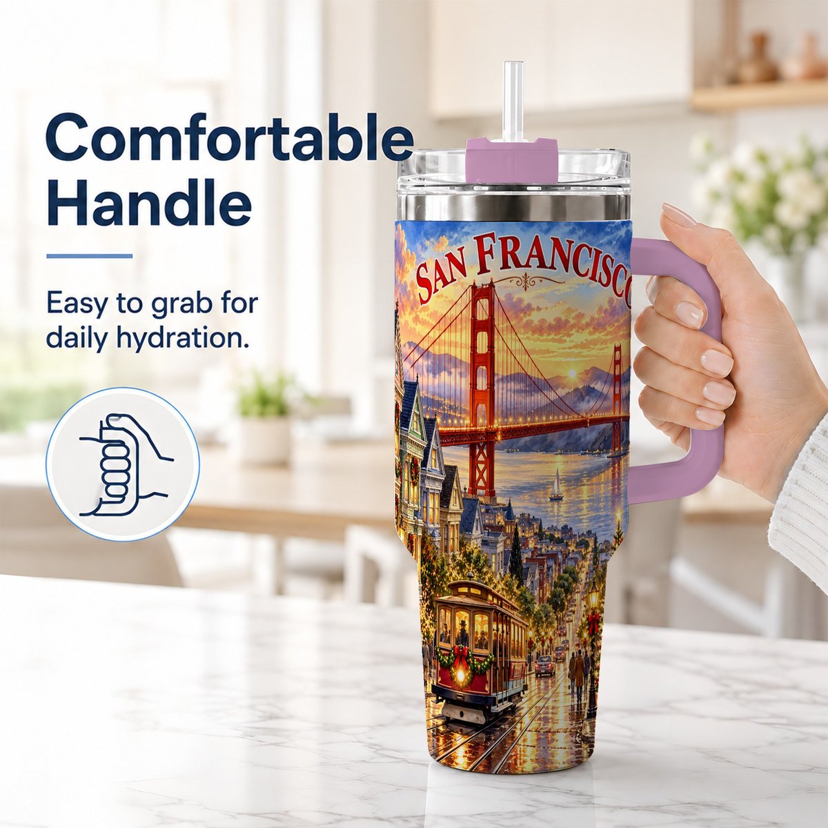 #pl[40oz|Pink] San Francisco Christmas 40oz Tumbler with Handle, Coastal Skyline Art