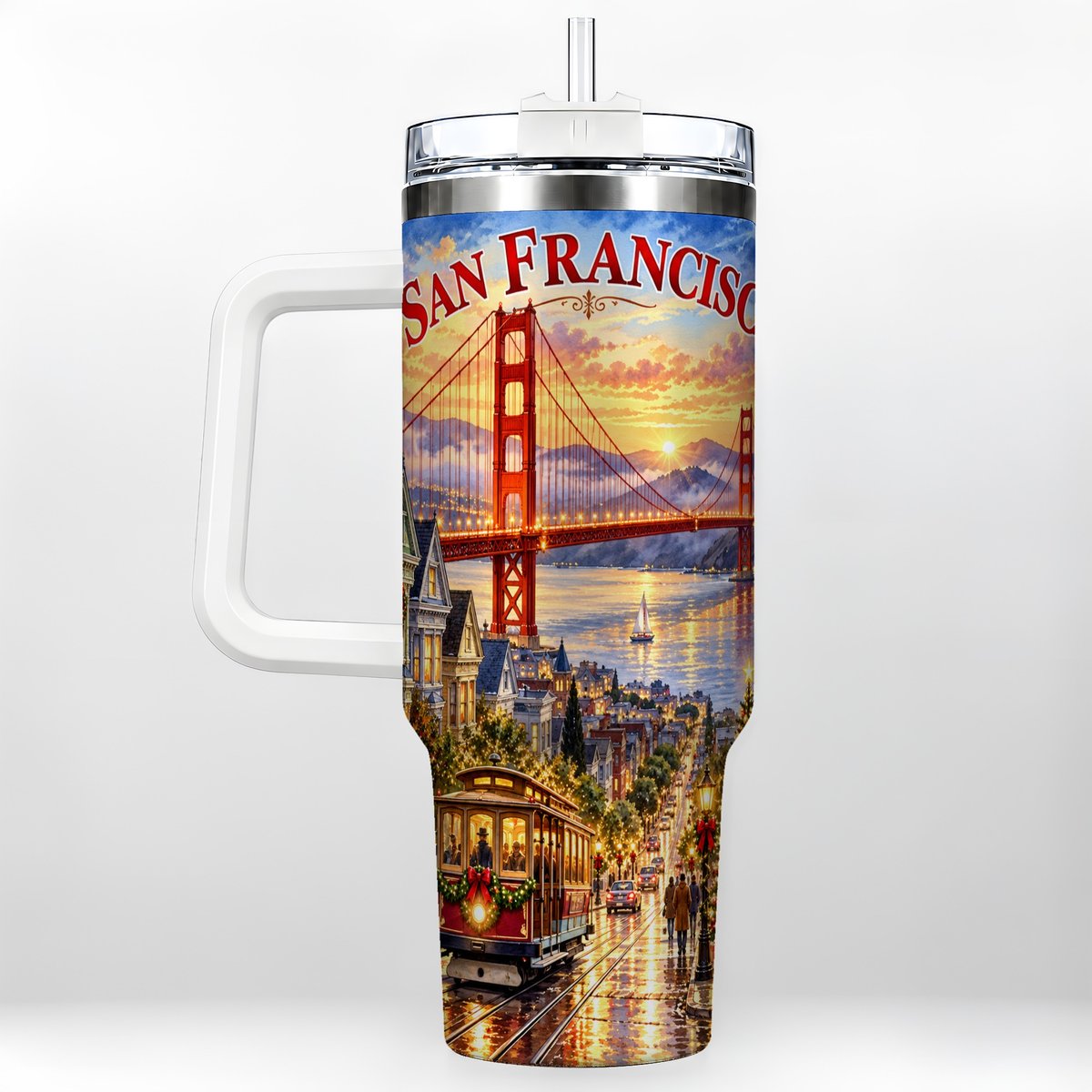 San Francisco Christmas 40oz Tumbler with Handle, Coastal Skyline Art