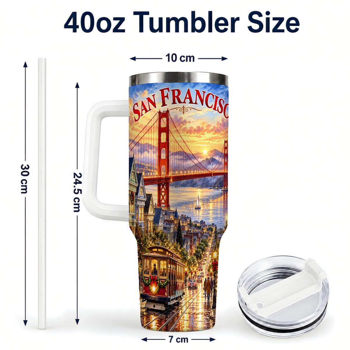 #pl[40oz|White] San Francisco Christmas 40oz Tumbler with Handle, Coastal Skyline Art