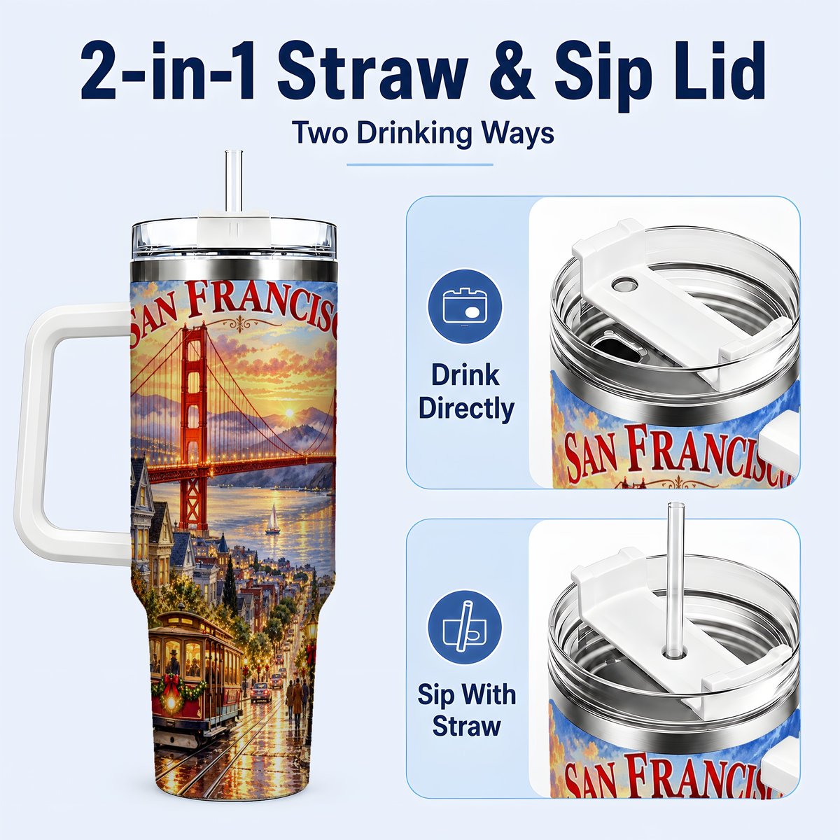 #pl[40oz|White] San Francisco Christmas 40oz Tumbler with Handle, Coastal Skyline Art