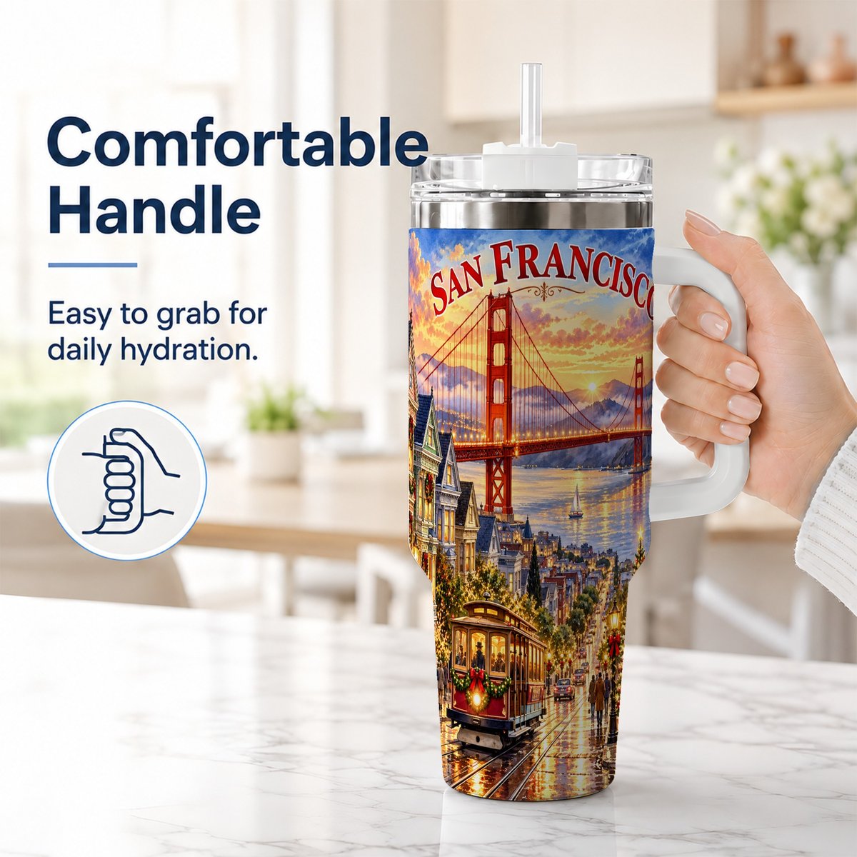 #pl[40oz|White] San Francisco Christmas 40oz Tumbler with Handle, Coastal Skyline Art