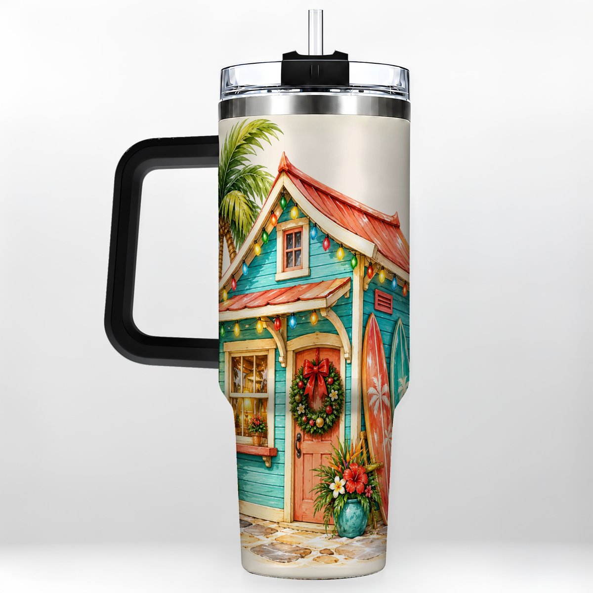 #pl[40oz|Black] Tropical Christmas Cottage 40oz Tumbler with Handle, Beach Holiday