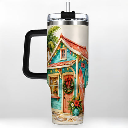 #pl[40oz|Black] Tropical Christmas Cottage 40oz Tumbler with Handle, Beach Holiday