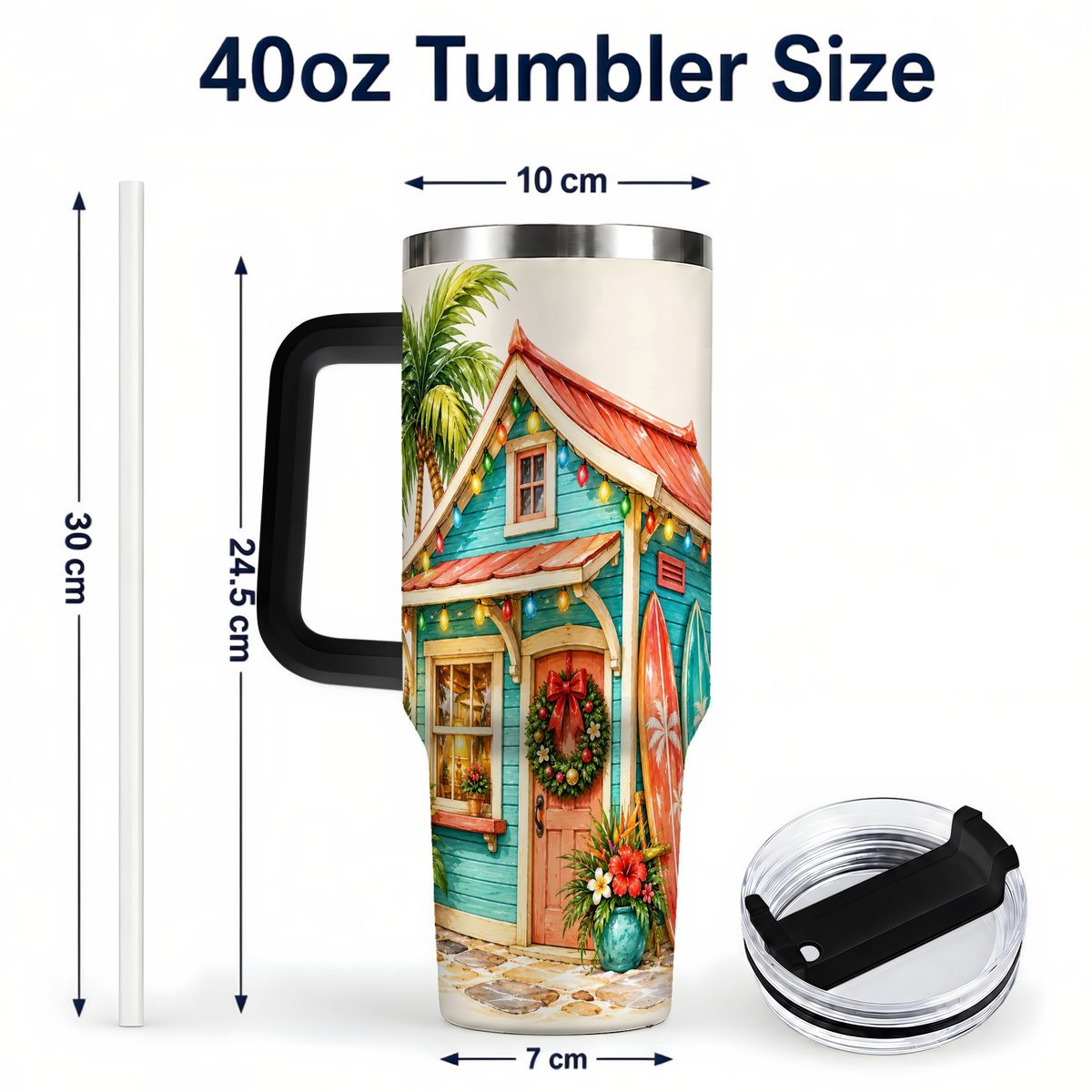 #pl[40oz|Black] Tropical Christmas Cottage 40oz Tumbler with Handle, Beach Holiday