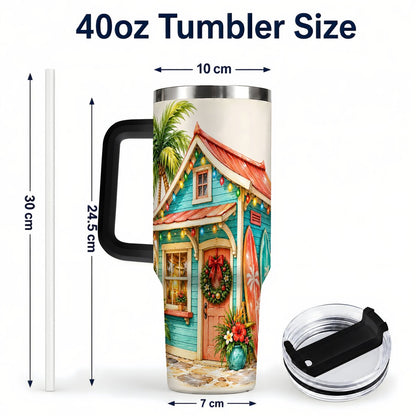 #pl[40oz|Black] Tropical Christmas Cottage 40oz Tumbler with Handle, Beach Holiday