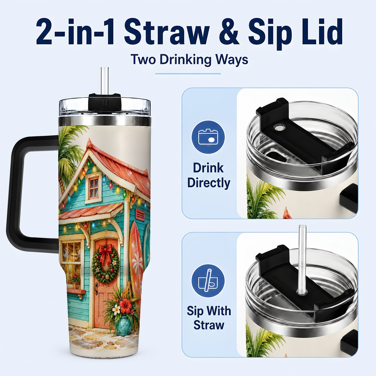#pl[40oz|Black] Tropical Christmas Cottage 40oz Tumbler with Handle, Beach Holiday