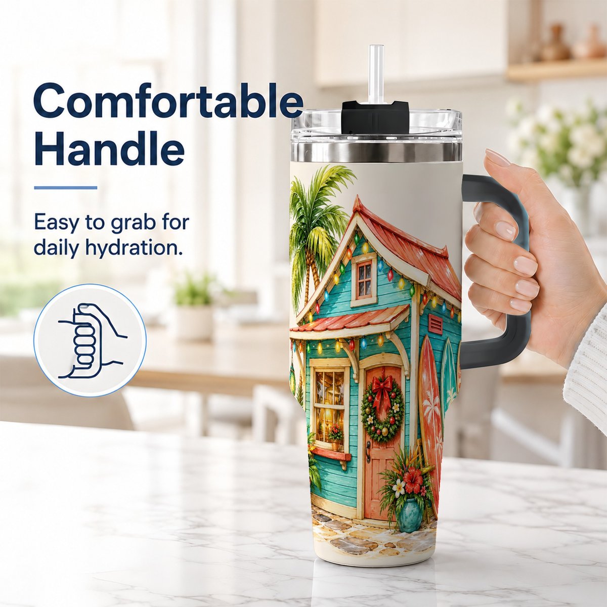 #pl[40oz|Black] Tropical Christmas Cottage 40oz Tumbler with Handle, Beach Holiday