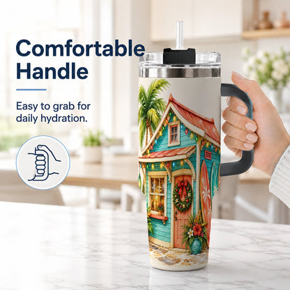 #pl[40oz|Black] Tropical Christmas Cottage 40oz Tumbler with Handle, Beach Holiday
