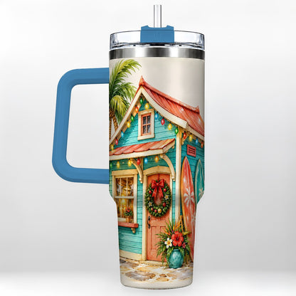 #pl[40oz|Blue] Tropical Christmas Cottage 40oz Tumbler with Handle, Beach Holiday