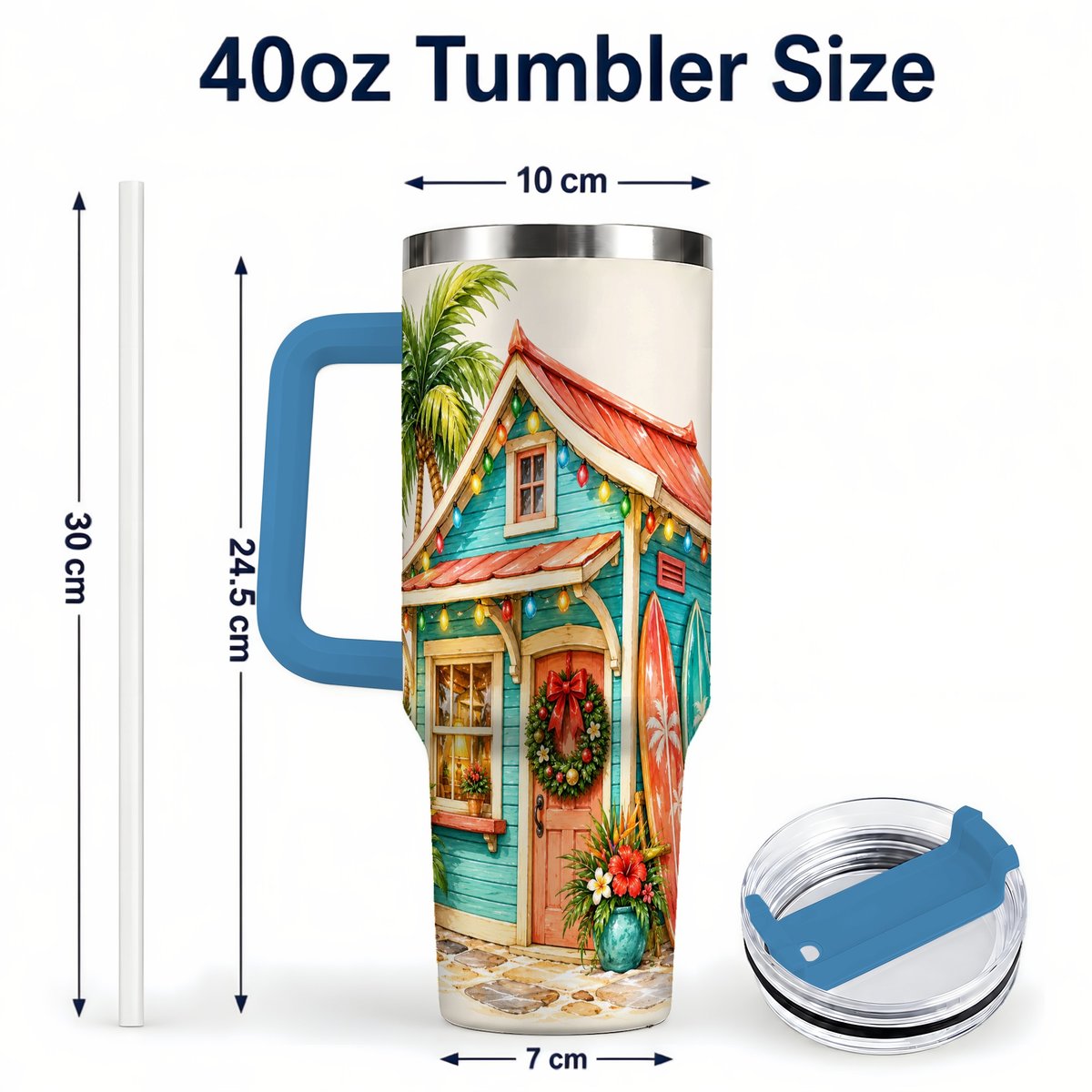 #pl[40oz|Blue] Tropical Christmas Cottage 40oz Tumbler with Handle, Beach Holiday