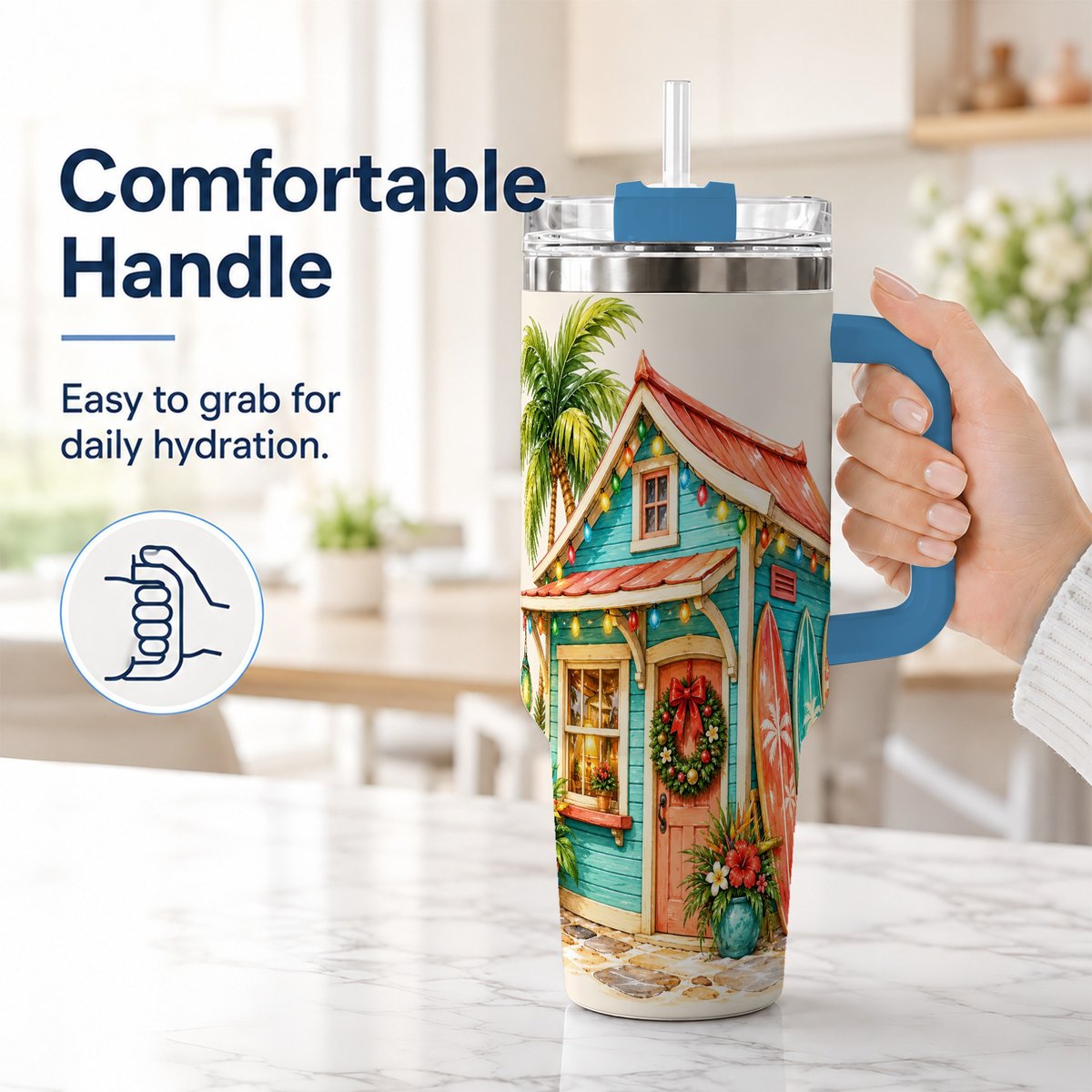 #pl[40oz|Blue] Tropical Christmas Cottage 40oz Tumbler with Handle, Beach Holiday