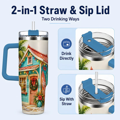 #pl[40oz|Blue] Tropical Christmas Cottage 40oz Tumbler with Handle, Beach Holiday