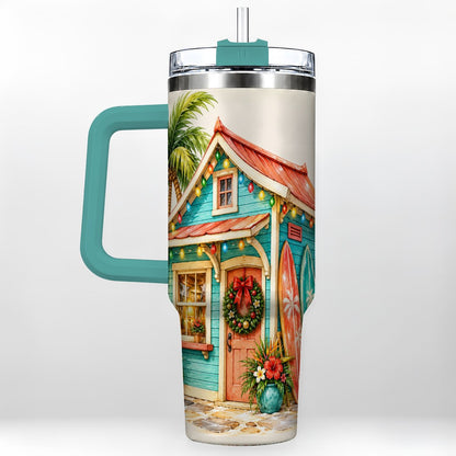 #pl[40oz|Green] Tropical Christmas Cottage 40oz Tumbler with Handle, Beach Holiday