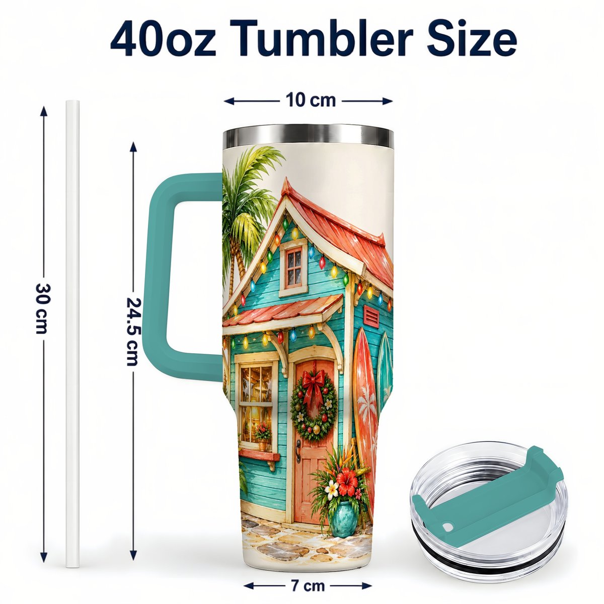 #pl[40oz|Green] Tropical Christmas Cottage 40oz Tumbler with Handle, Beach Holiday