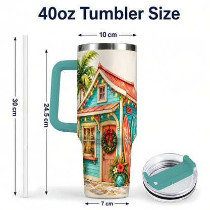 #pl[40oz|Green] Tropical Christmas Cottage 40oz Tumbler with Handle, Beach Holiday