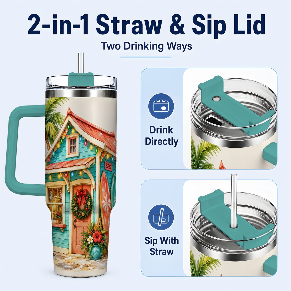 #pl[40oz|Green] Tropical Christmas Cottage 40oz Tumbler with Handle, Beach Holiday