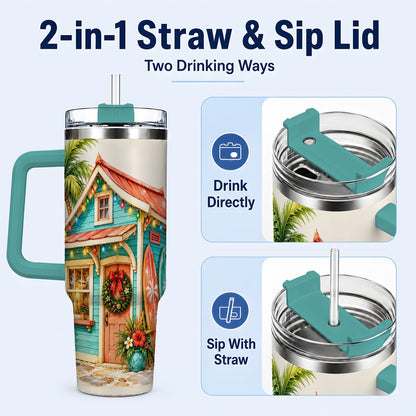#pl[40oz|Green] Tropical Christmas Cottage 40oz Tumbler with Handle, Beach Holiday