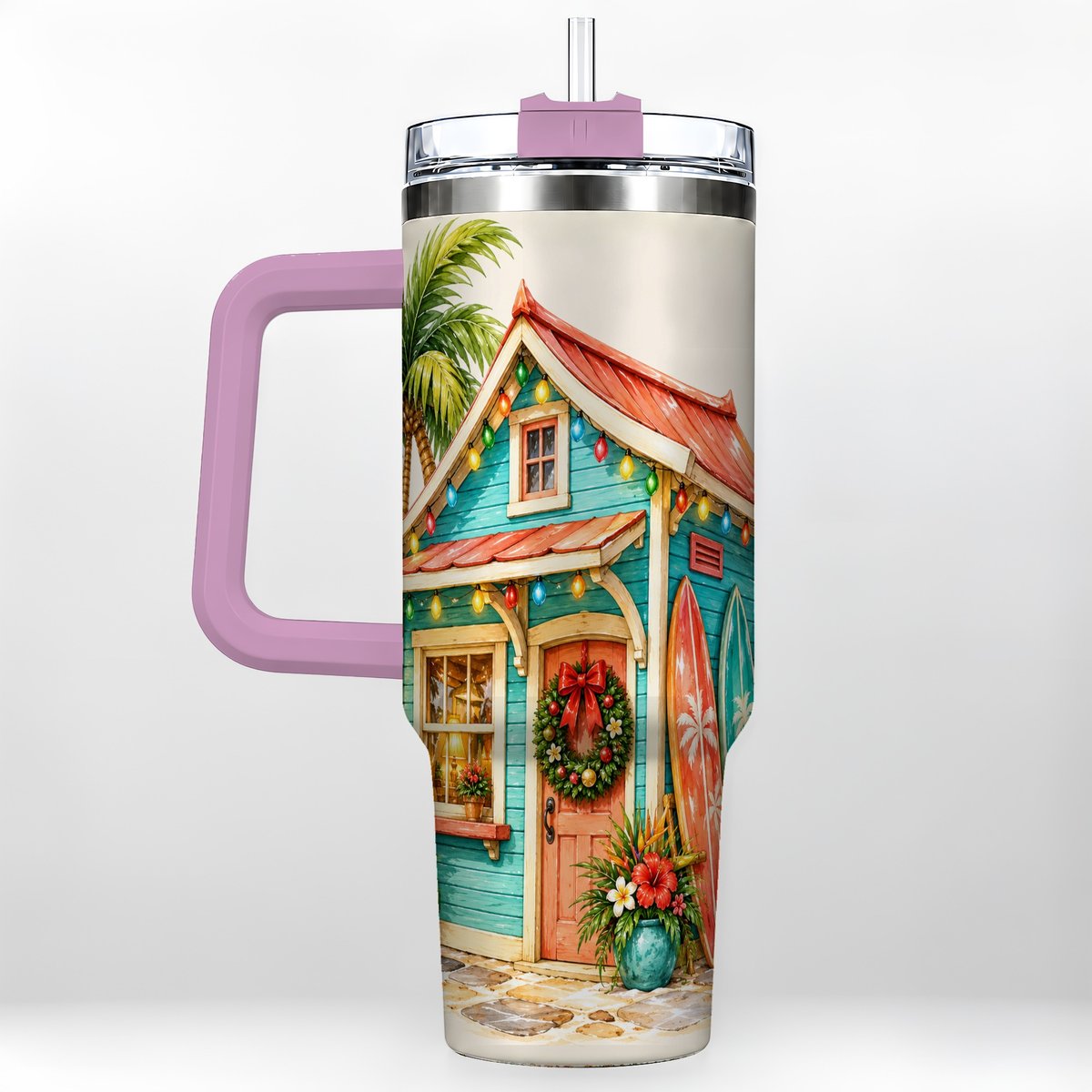 #pl[40oz|Pink] Tropical Christmas Cottage 40oz Tumbler with Handle, Beach Holiday