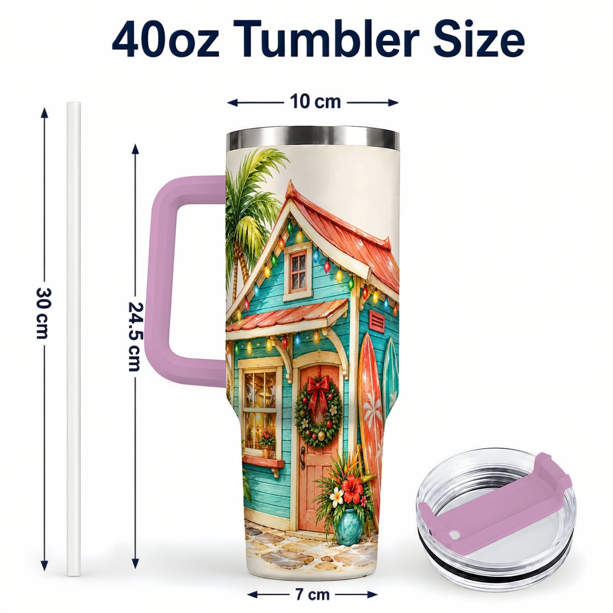 #pl[40oz|Pink] Tropical Christmas Cottage 40oz Tumbler with Handle, Beach Holiday