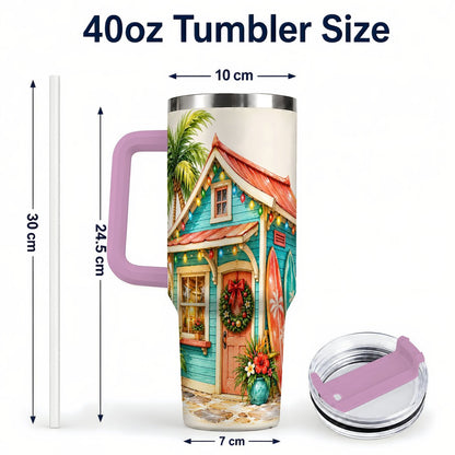 #pl[40oz|Pink] Tropical Christmas Cottage 40oz Tumbler with Handle, Beach Holiday