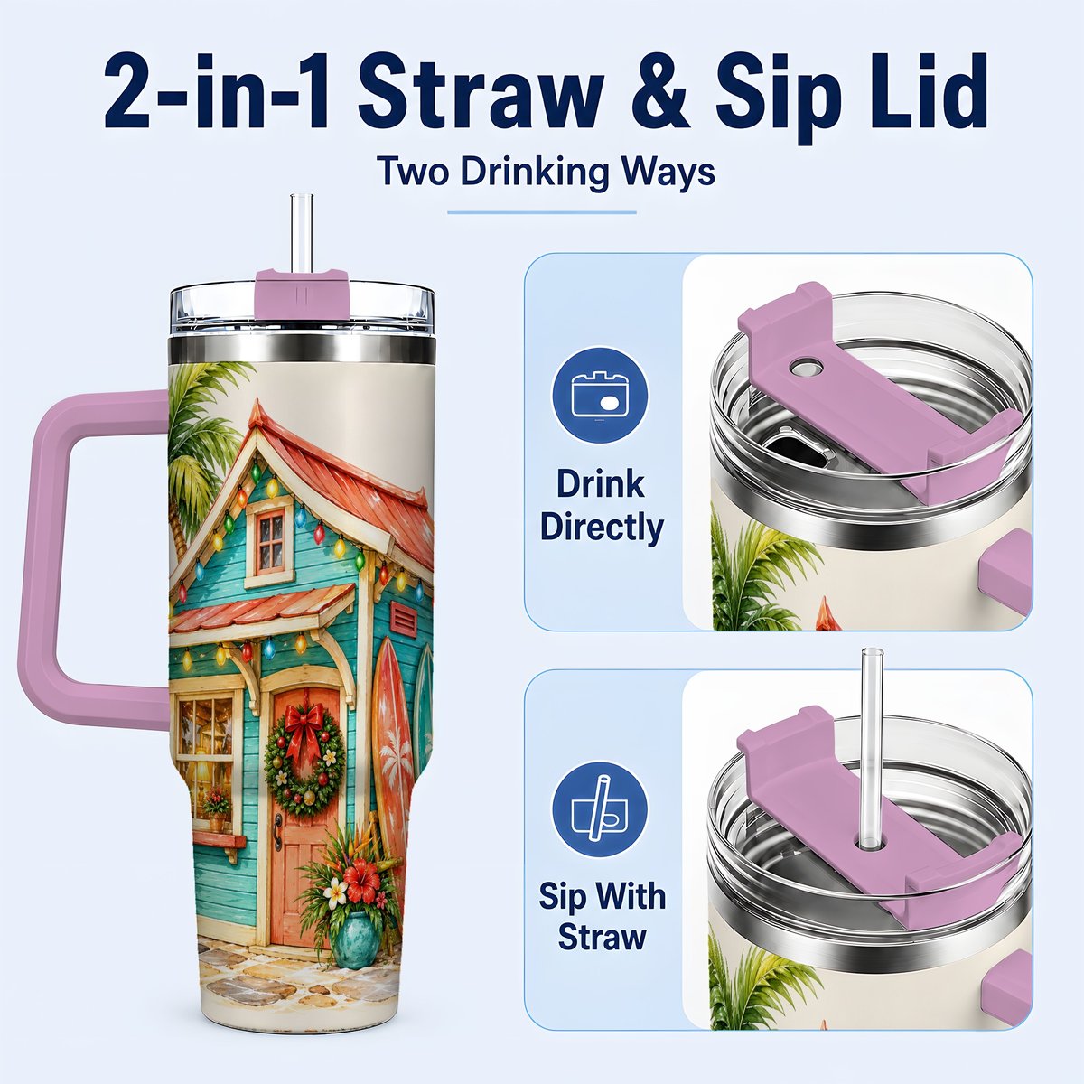 #pl[40oz|Pink] Tropical Christmas Cottage 40oz Tumbler with Handle, Beach Holiday