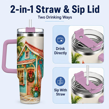 #pl[40oz|Pink] Tropical Christmas Cottage 40oz Tumbler with Handle, Beach Holiday