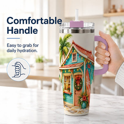 #pl[40oz|Pink] Tropical Christmas Cottage 40oz Tumbler with Handle, Beach Holiday